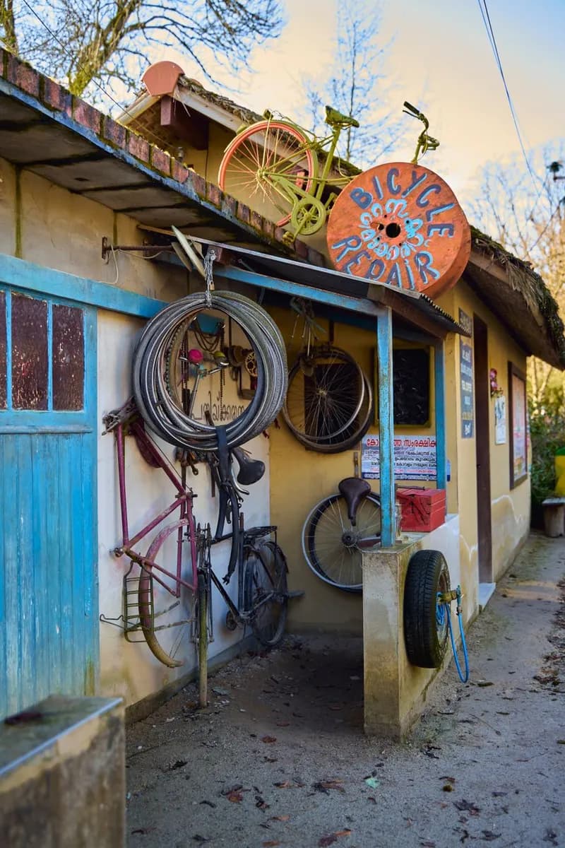 Bicycle repair tools and a bike on a workshop stand